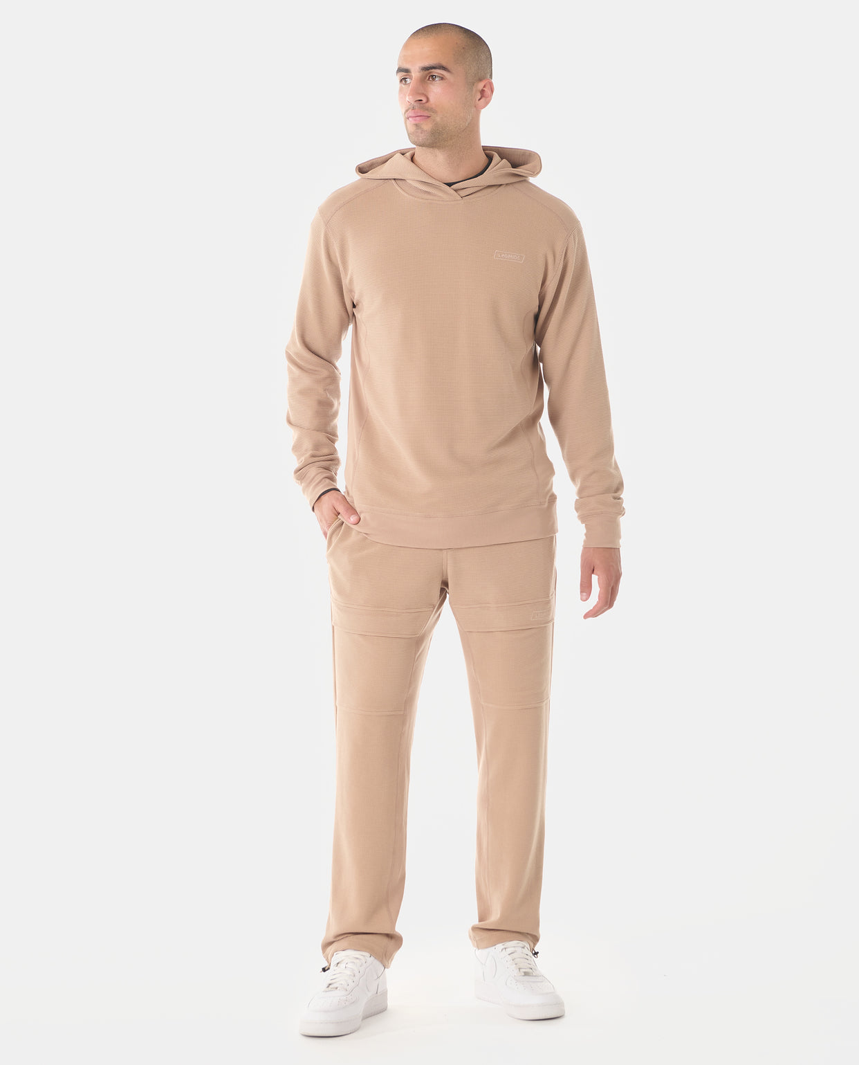 Glen Waffle-Knit Hoodie Camel